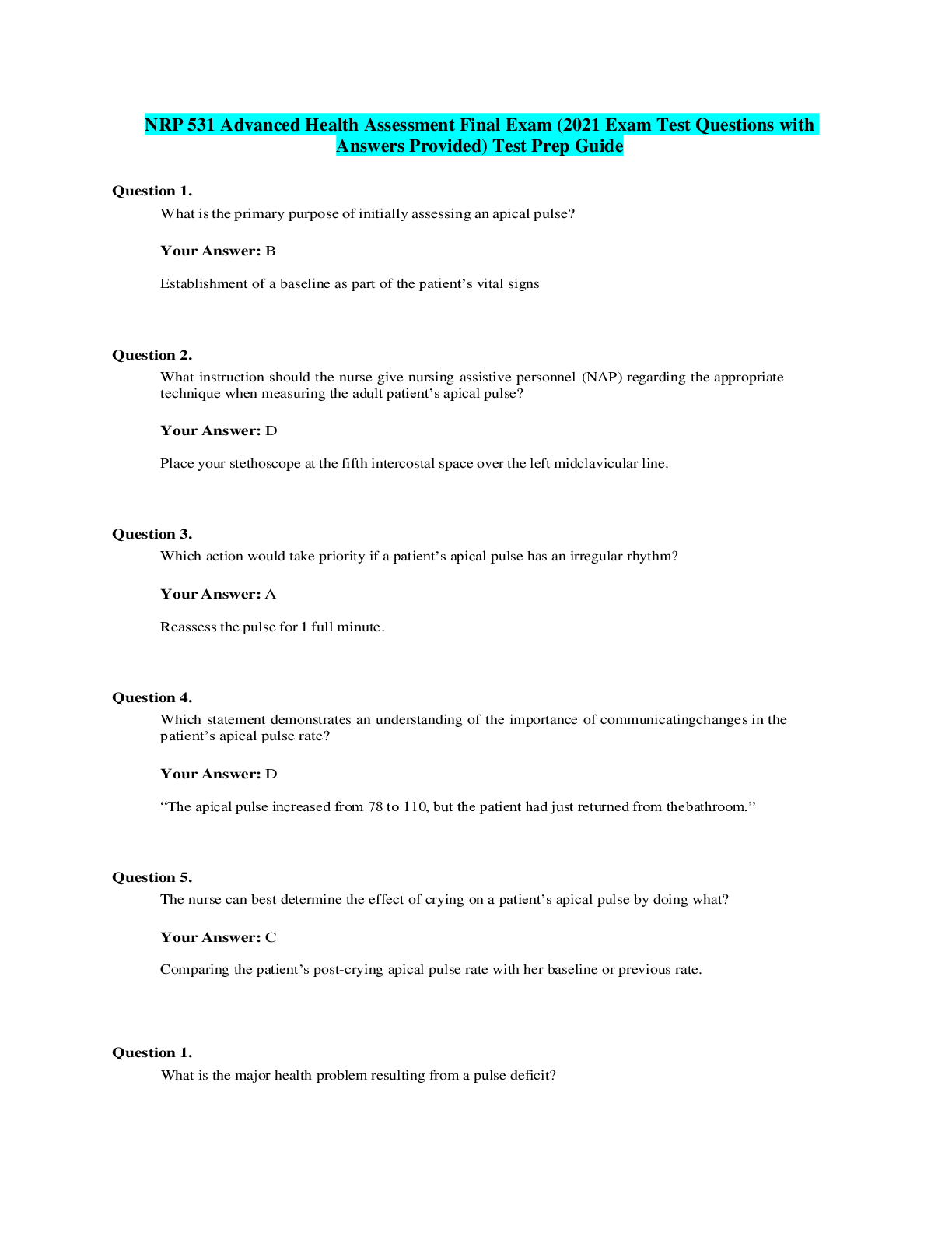Preview of NRP 531 Advanced Health Assessment Final Exam (2021 Exam Test Questions with Answers Provi